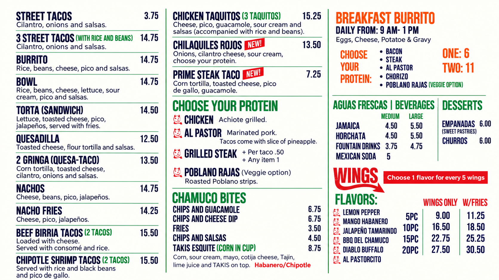 Dos Chamucos Taqueria printed food menu with prices